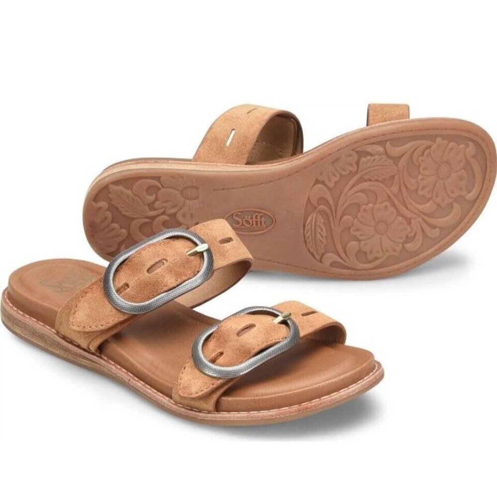 Sofft Sandals 10M Elmira Saddle Brown Italian Suede Leather Buckle Comfort Shoes